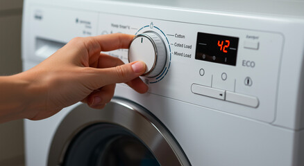 Woman adjusting washing machine settings, close-up on household appliance control panel, laundry chore concept. Domestic task, cleanliness, home technology themes