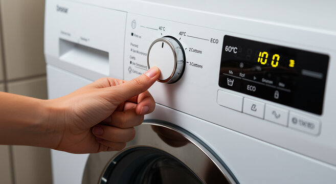 Woman adjusting washing machine settings, close-up on household appliance control panel, laundry chore concept. Domestic task, cleanliness, home technology themes