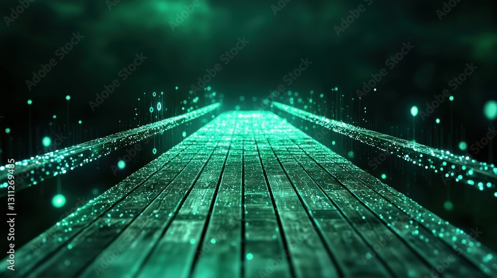 Poster a bridge with transparent panels glowing with virtual symbols.