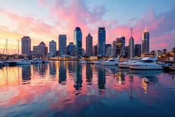 Fototapeta premium San Diego skyline reflected in harbor, boats anchored , view, ships