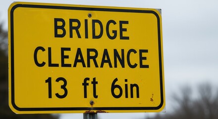 Yellow Bridge Clearance Sign Informing Drivers of Height Restriction on Road
