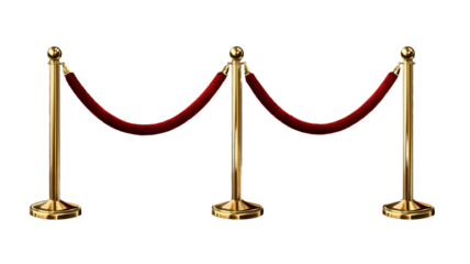 "A set of gold-plated stanchions with flowing red velvet ropes, isolated on transparent background, great for upscale event decor."