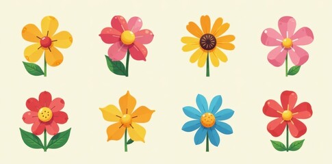 Obraz premium Set of cheerful flat flower icons, vibrant hues , illustration, simple icons