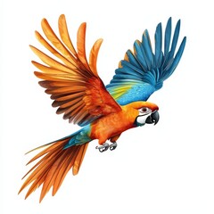 Fototapeta premium A vibrant parrot in mid-flight, showcasing brilliant orange and blue feathers, symbolizing beauty and freedom in nature.