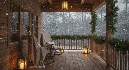 Cozy Cabin Porch with Rocking Chairs and Winter Snowfall Scene