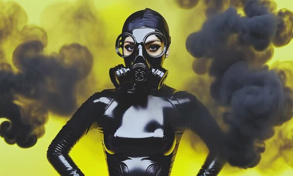 Woman in latex suit and gas mask, party style.