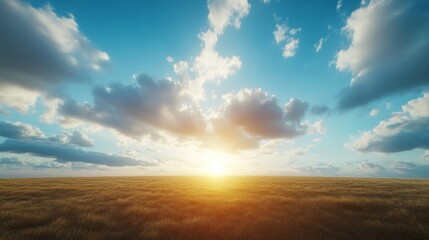 Fototapeta premium Golden Sunrise Over Expansive Field with Dramatic Cloudy Sky