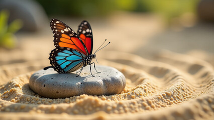 vibrant butterfly rests stone serene sand garden concentric
