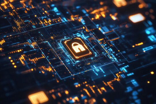 A modern touchscreen interface featuring a cybersecurity dashboard with encrypted data.