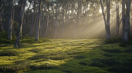 Obraz premium Sunbeams illuminating mossy forest floor at dawn.