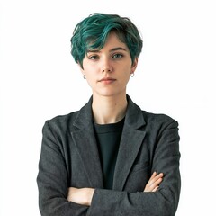 Person with light clay skin, short dark teal hair in a matte charcoal gray jacket, worn cuffs, relaxed arms crossed, soft finish, full view, isolated on white background - Generative AI