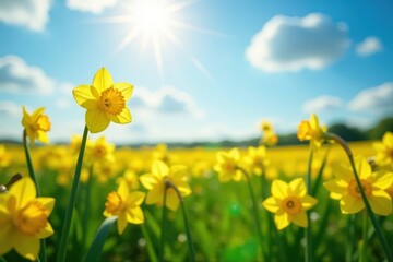 Fototapeta premium Sunny field ablaze with vibrant yellow daffodils , closeup, flowers