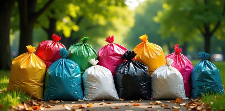 Volunteers' garbage bags piled high, park setting, litter, sustainability