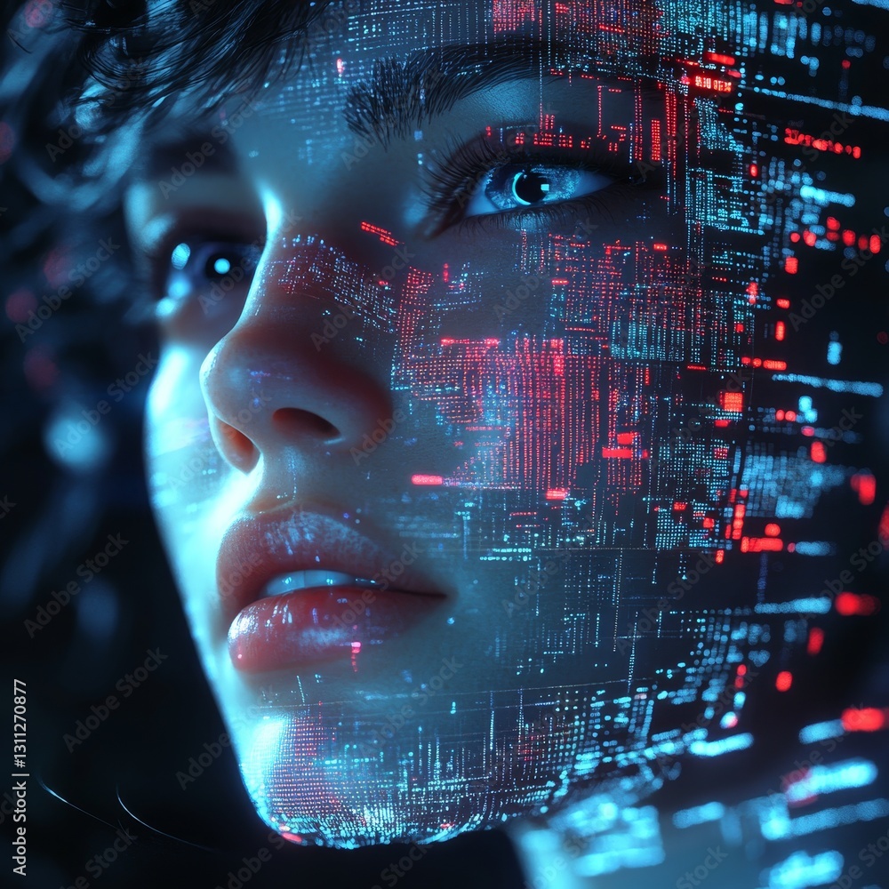 Poster futuristic portrait with digital overlay of binary code on face