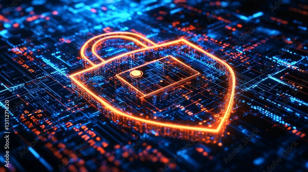 Poster digital lock security symbol on circuit board, glowing network background