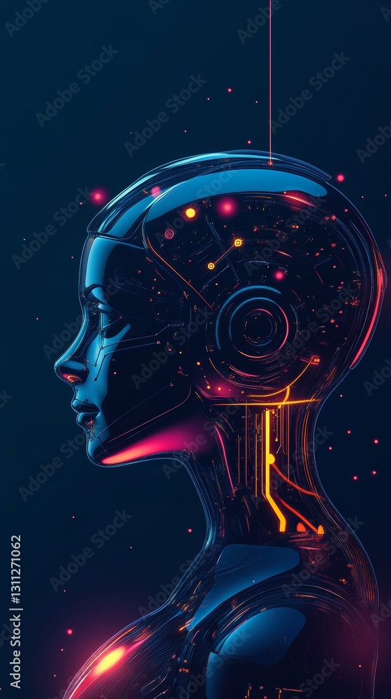 Poster futuristic robot head with colorful circuit design and neon lights