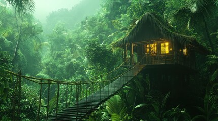 Lush rainforest, treehouse with bridge, rain.