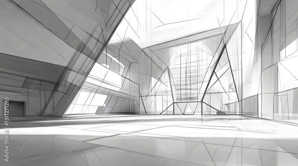 Aufkleber abstract architectural sketch of a spacious interior with dynamic lines and geometric shapes