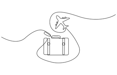 Suitcase and airplane in one continuous line drawing, Travel continuous line drawing with color shapes, Suitcase and airplane in one continuous line drawing.