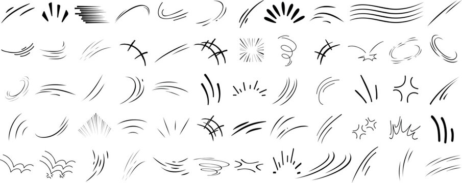 line movement element vector set, comic speed lines, motion lines, dynamic effect, manga action elements, swoosh, burst, swirl, impact stroke, motion streaks, anime style, expressive sketch curve ink