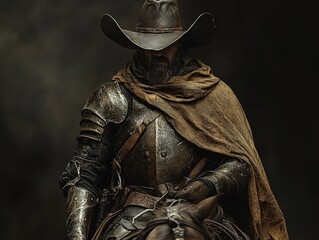 A knight in armor on horseback, poised for action.