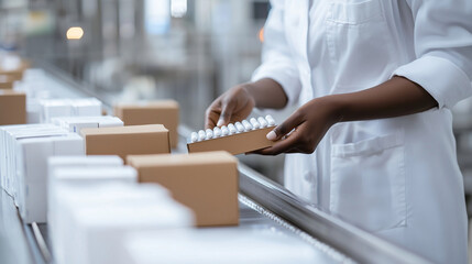 Obraz premium Worker Packing Pills in Factory Shipping Boxes