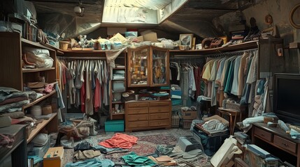Overstuffed attic room with clothes, boxes, and furniture. Depicts clutter, disorganization, and a need for decluttering.