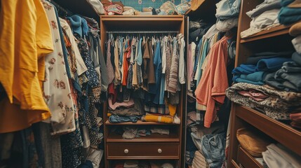 Naklejka premium Overstuffed wooden wardrobe with clothes overflowing. Illustrates the need for better organization and storage solutions.