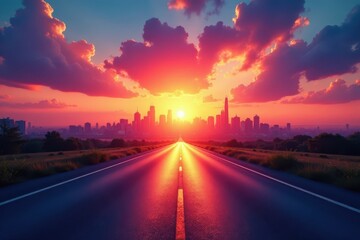 Empty road leading to vibrant sunset city skyline, journey, evening