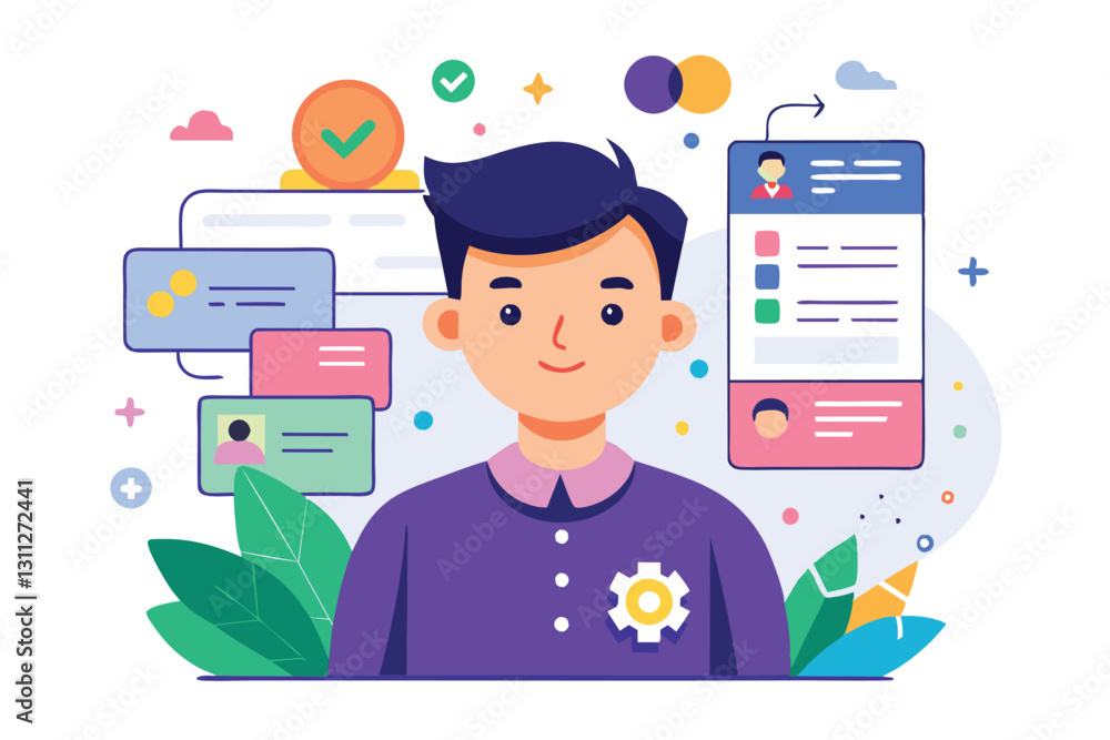 Poster a person is engaged in customizing a flat design, focusing on personalization for digital content, p