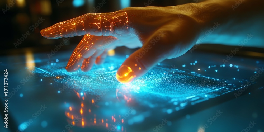 Poster futuristic hand gesturing on interactive touchscreen interface with neon glows