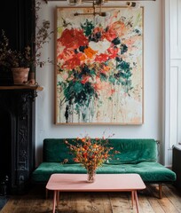 The living room features a modern design, complete with a pink coffee table, a green sofa, abstract artwork, a fireplace, and a vibrant area rug