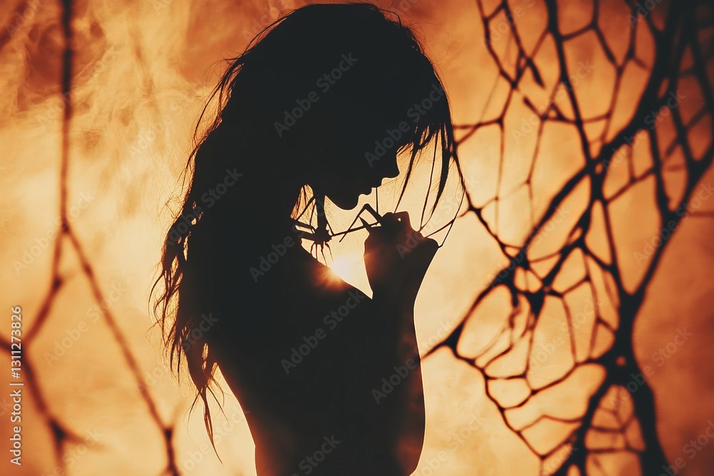 Poster silhouette of a woman in a fiery background with abstract patterns