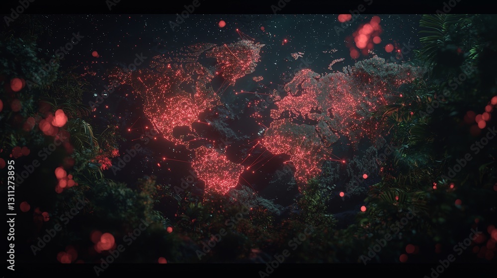 Poster the global digital map data shines with a bright orange glow on a world analysis internet network co