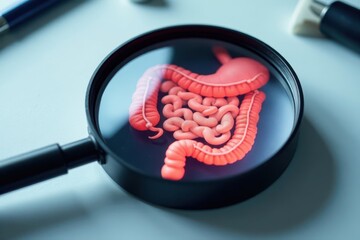 Intestine diagram under magnifying glass on medical desk , inspection, organ
