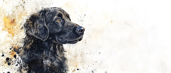 Adorable Flat-Coated Retriever Dog Watercolor Portrait - A Cute and Charming Artistic Representation of a Beloved Canine Companion in Vibrant Colors and Soft Brush Strokes