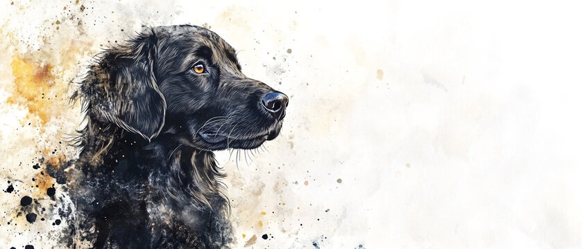 Adorable Flat-Coated Retriever Dog Watercolor Portrait - A Cute and Charming Artistic Representation of a Beloved Canine Companion in Vibrant Colors and Soft Brush Strokes