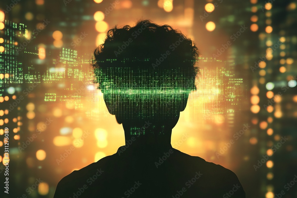 Poster Silhouette of Person with Digital Data Overlay and Abstract Background
