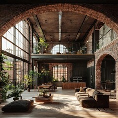 Sunlit industrial loft apartment interior with high ceilings, exposed brick, large windows, and modern furniture.
