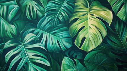 Overlapping green leaves create a dense natural tropical foliage background