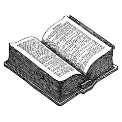 Fototapeta premium Engraved vector illustration of an open book with detailed text layout suitable for tattoo art and packaging design