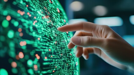 Finger Explores Green Digital Network On A Futuristic Screen