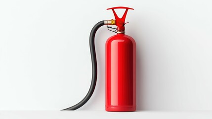 Obraz premium A vibrant red fire extinguisher with a black hose, symbolizing safety and fire prevention in homes and workplaces.