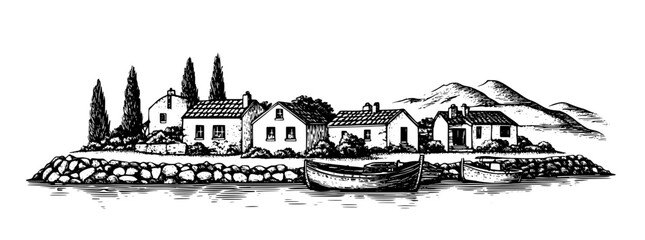 Obraz premium Engraved vector illustration of a serene coastal village with boats, mountains, and cypress trees, perfect for tattoo and packaging design