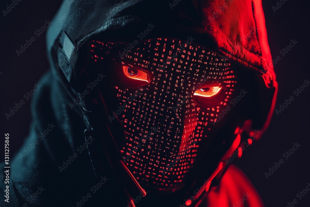 Poster mysterious figure in dark hoodie with glowing eyes and binary code