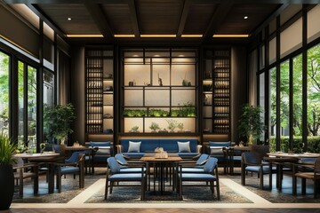 Fototapeta premium Luxurious Asian-style lounge with blue seating, wooden accents, and large windows.