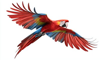 Fototapeta premium A vibrant red macaw in flight, showcasing its colorful feathers and majestic wings against a white background.