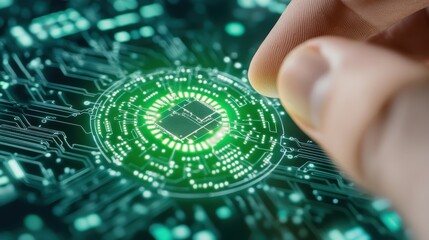 Futuristic Circuit Closeup With Glowing Green Chip.