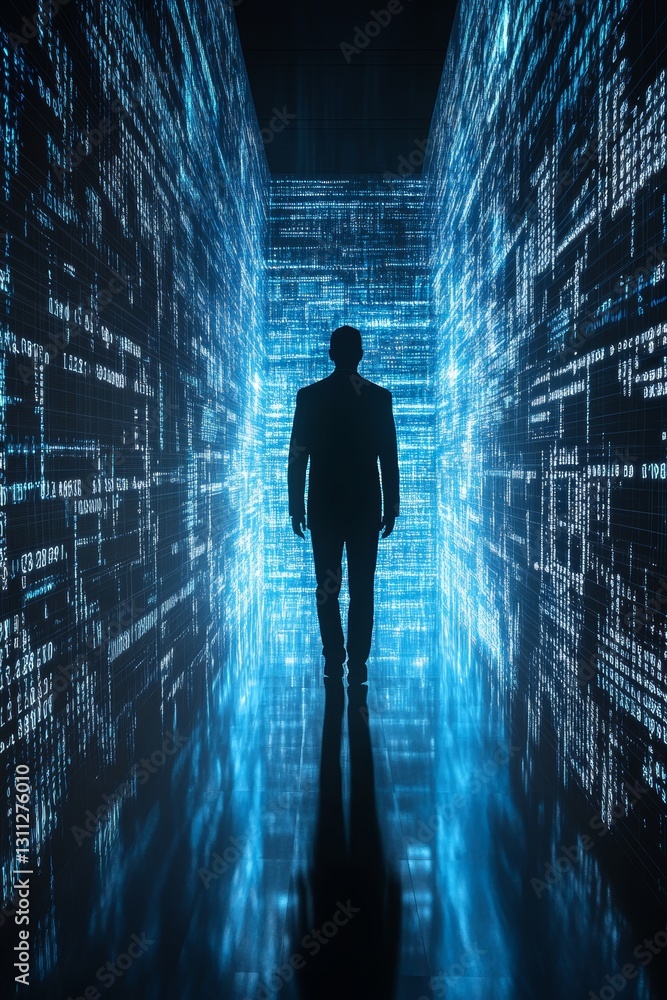 Poster mysterious figure in dark corridor surrounded by digital data streams