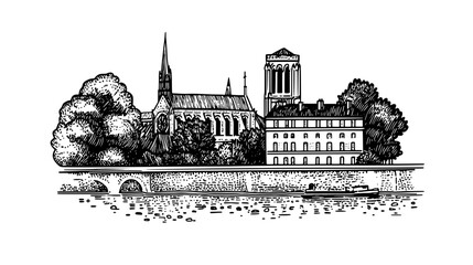 Fototapeta premium Engraved illustration of a historic cityscape featuring a church, building, and riverbank during a serene day